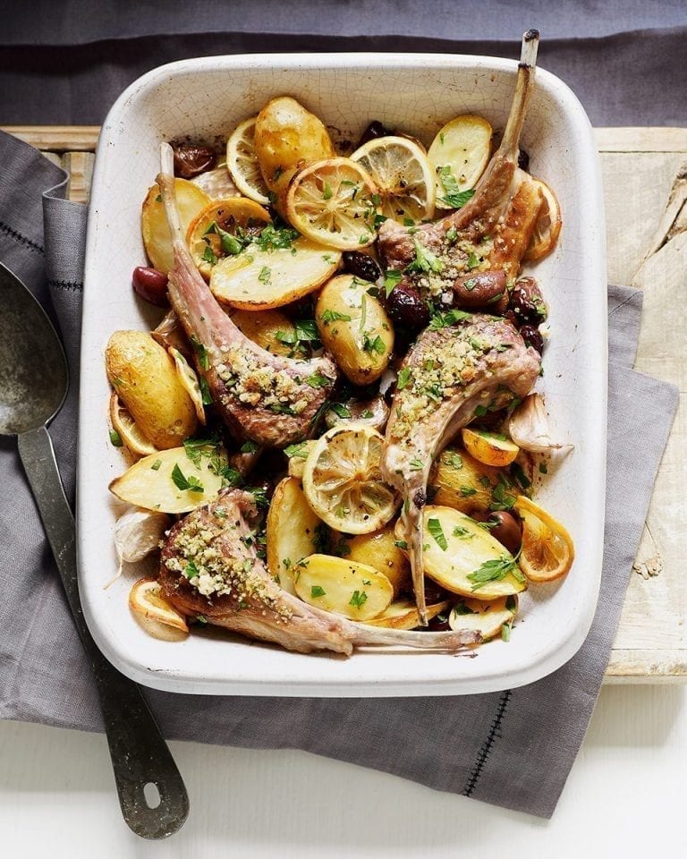 Lemon, potato and olive baked lamb with pangrattato