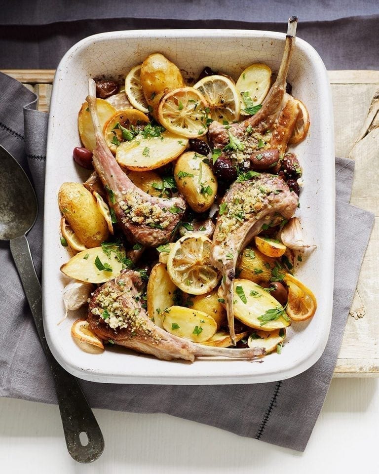 Lemon, potato and olive baked lamb with pangrattato recipe delicious