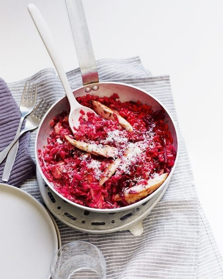 Chicken, caraway and beetroot risotto