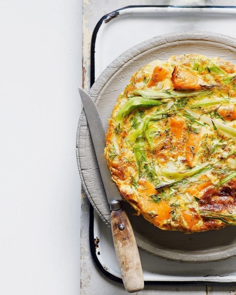 Hot-smoked salmon and baby leek frittata