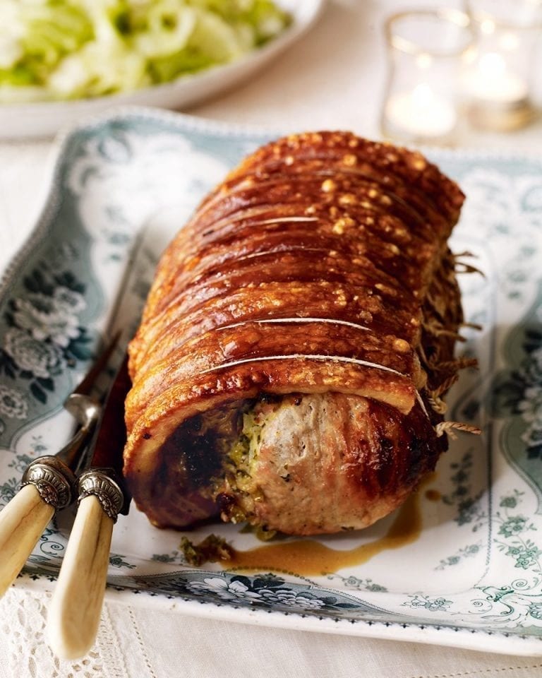 Roast pork with smoked ham and gruyère stuffing