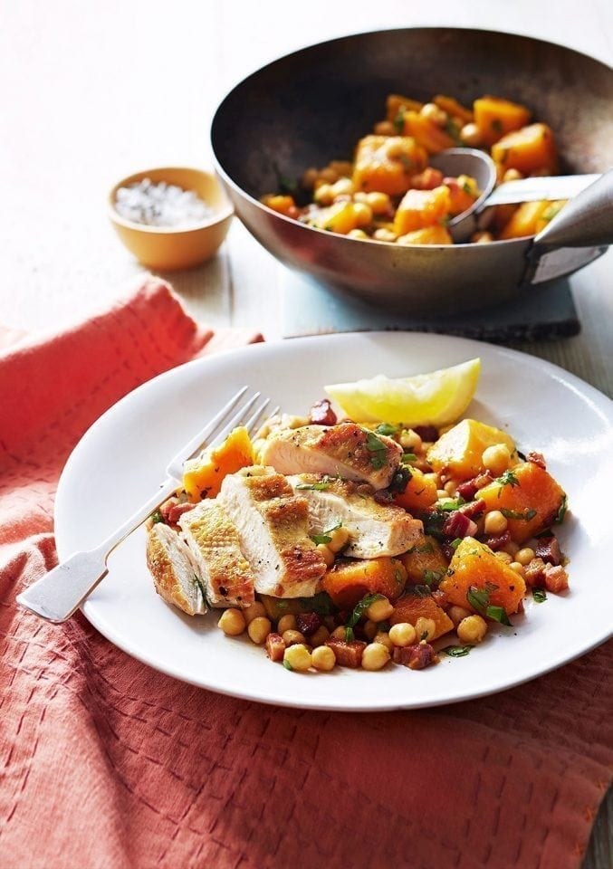 Chicken with pumpkin, pancetta and chickpea stir-fry