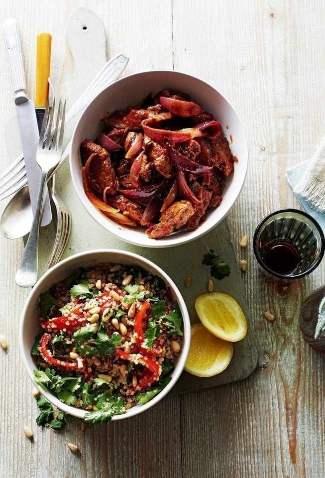 Quick harissa lamb and red onions with herby quinoa