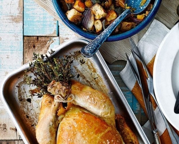 roast chicken with squash