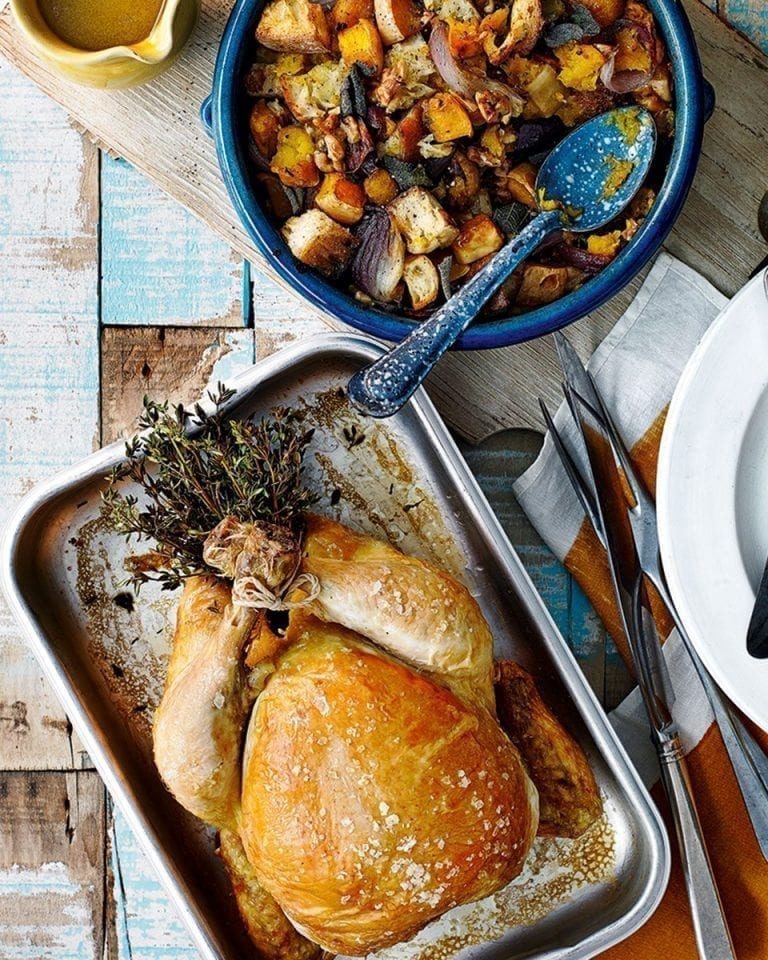 Roast chicken with squash and sourdough stuffing