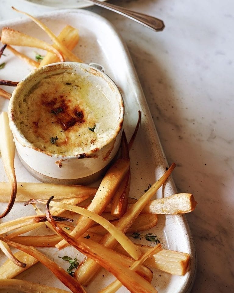 Honey glazed parsnips with baked parmesan dip