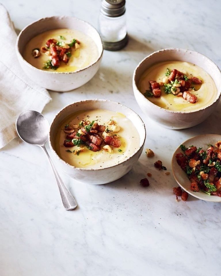 Truffled parsnip soup with hazelnuts and bacon