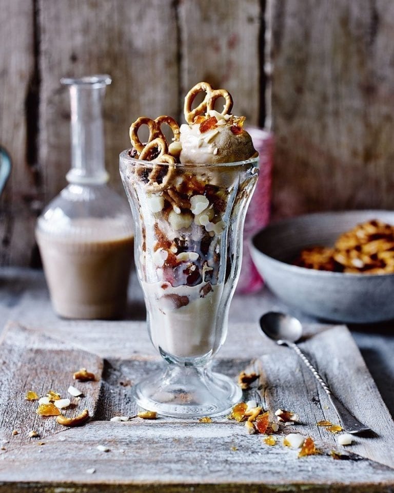 Irish cream sundae with caramelised macadamias and pretzels