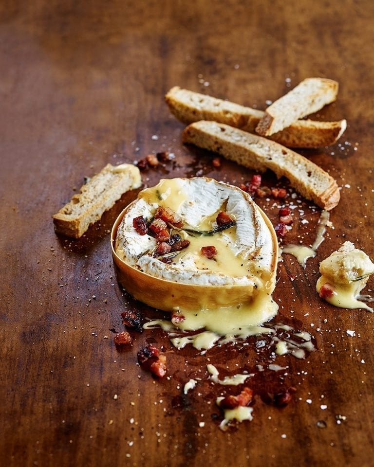 Baked camembert with crispy pancetta and sourdough sticks