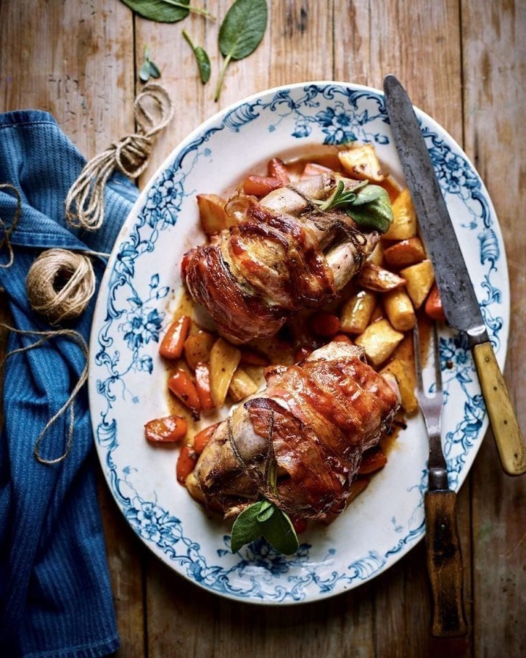 Brined roast pheasant with sage, pancetta and marsala gravy