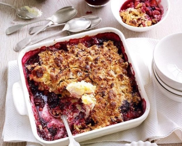 Blackberry and apple crumble with sloe gin syrup
