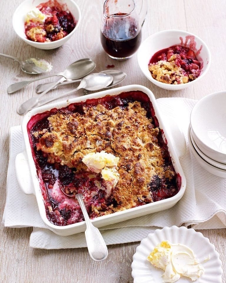 Blackberry and apple crumble with sloe gin syrup