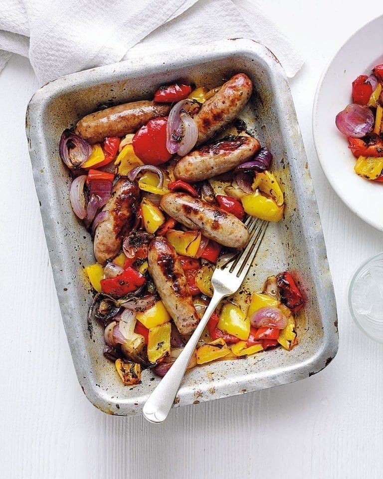 Balsamic sausage, pepper and red onion bake