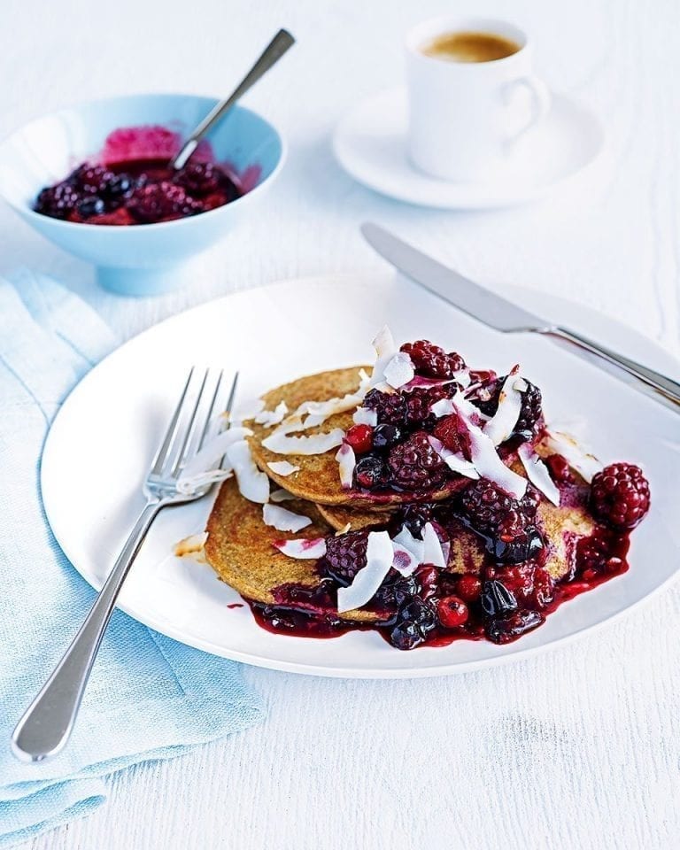 Healthy banana pancakes with berry compote
