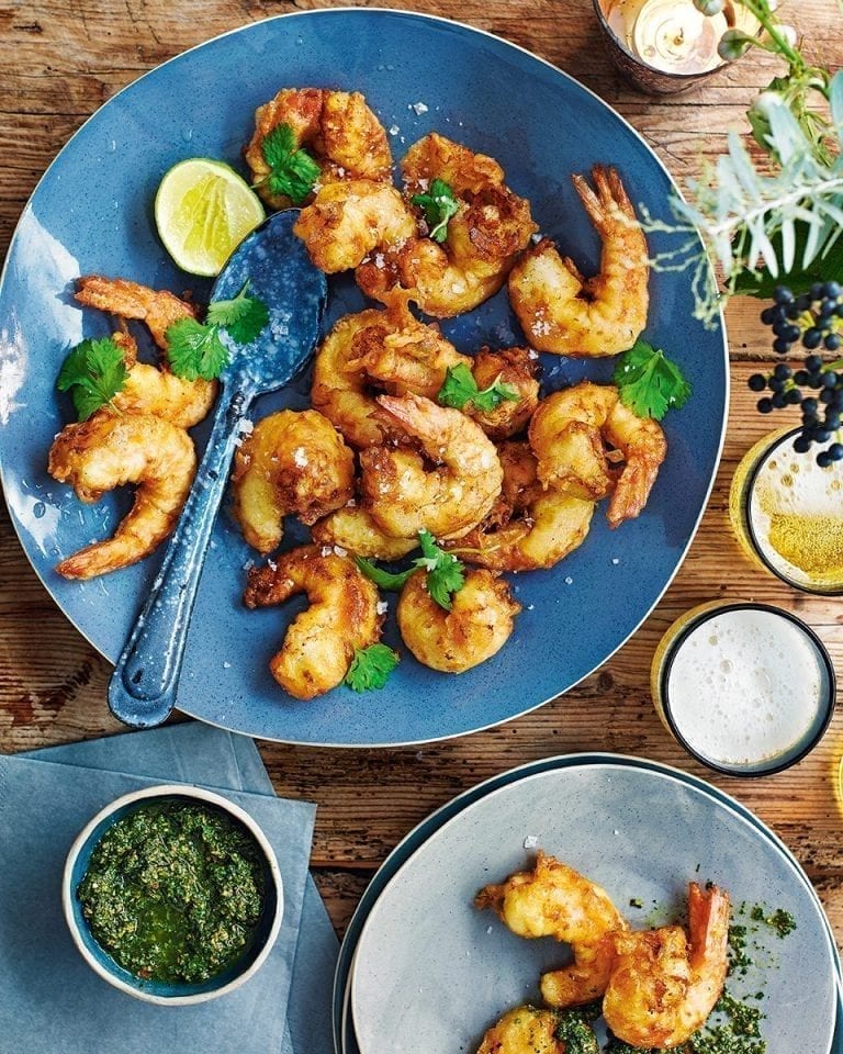 Battered prawns with spiced herb relish