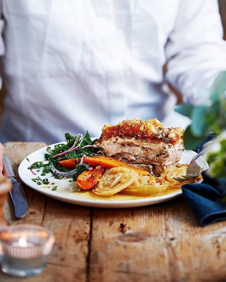 Crispy fennel pork belly with herb salsa