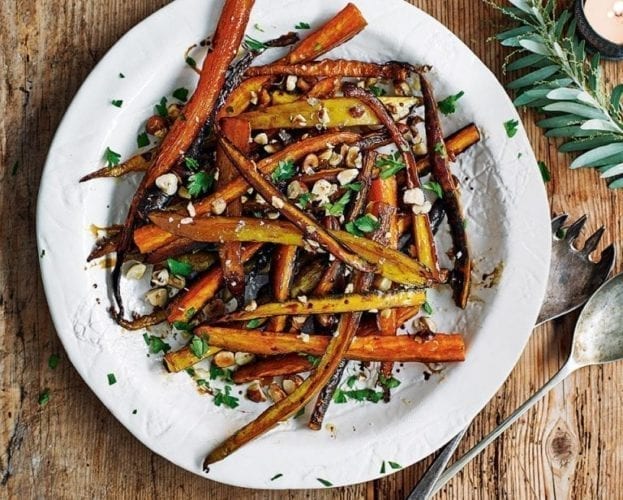 Honey and balsamic roasted heritage carrots with hazelnuts