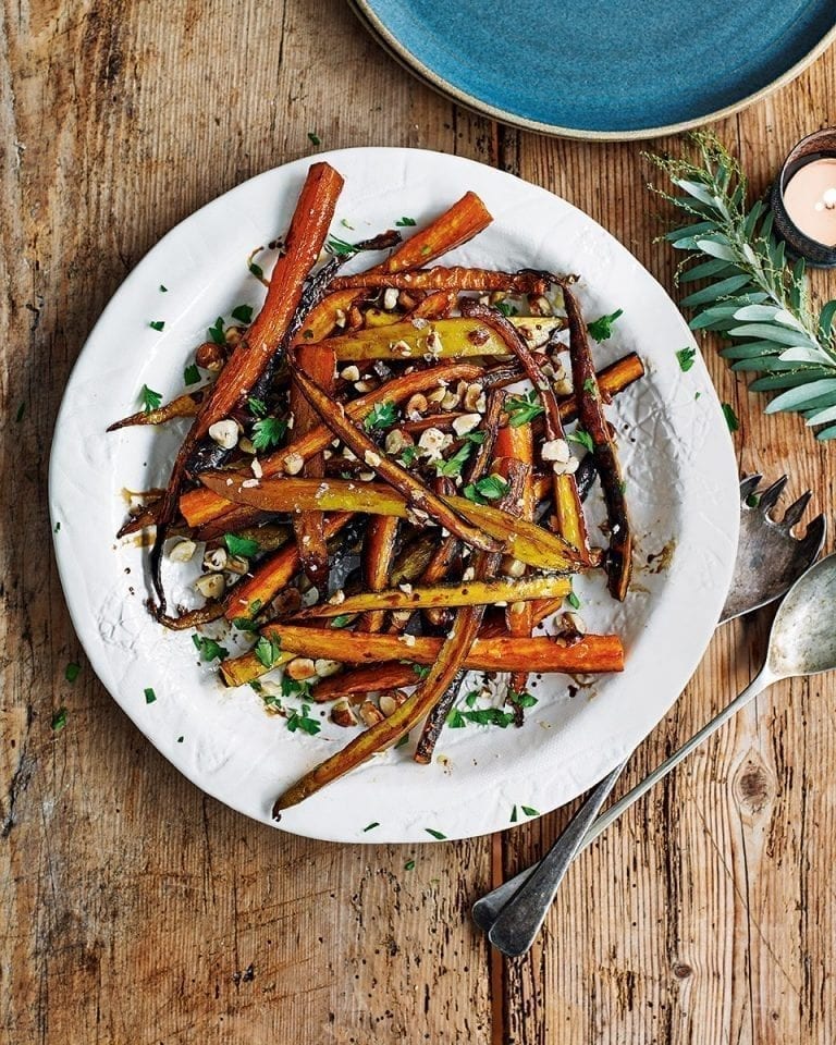 Honey and balsamic roasted heritage carrots with hazelnuts