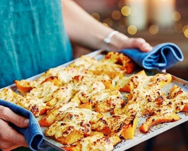 Roast pumpkin with mushrooms, leeks and stilton