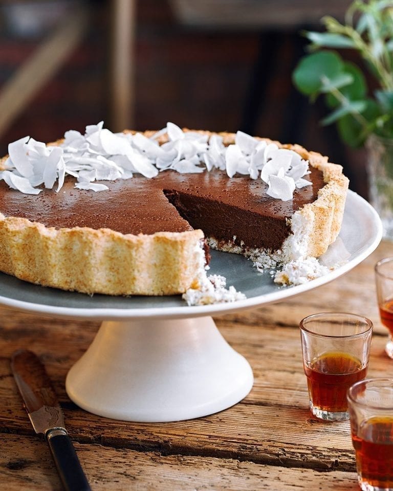 Coconut macaroon and chocolate mousse tart