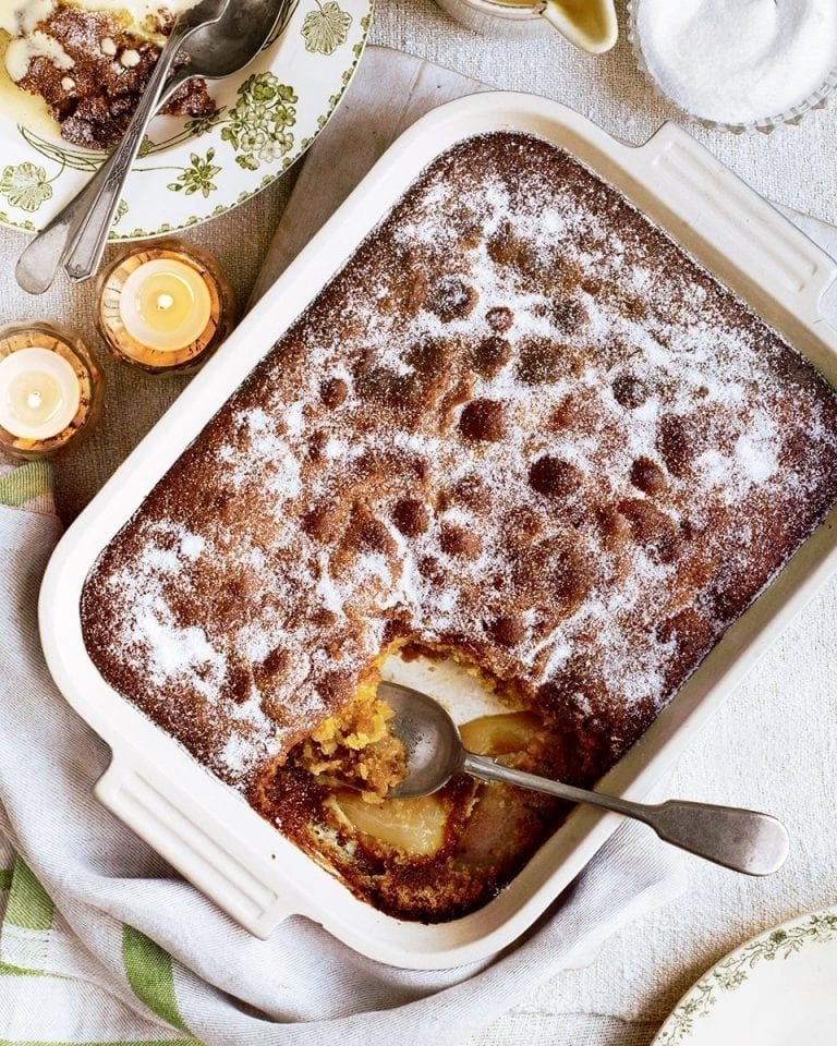 Pear and ginger Eve’s pudding with brown sugar custard