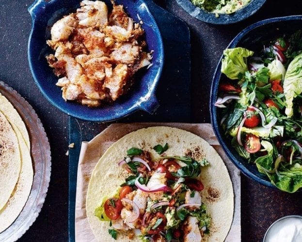 Venison tacos with grilled spring onions and peanut salsa