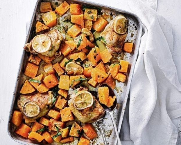 Harissa chicken, new potato and carrot traybake