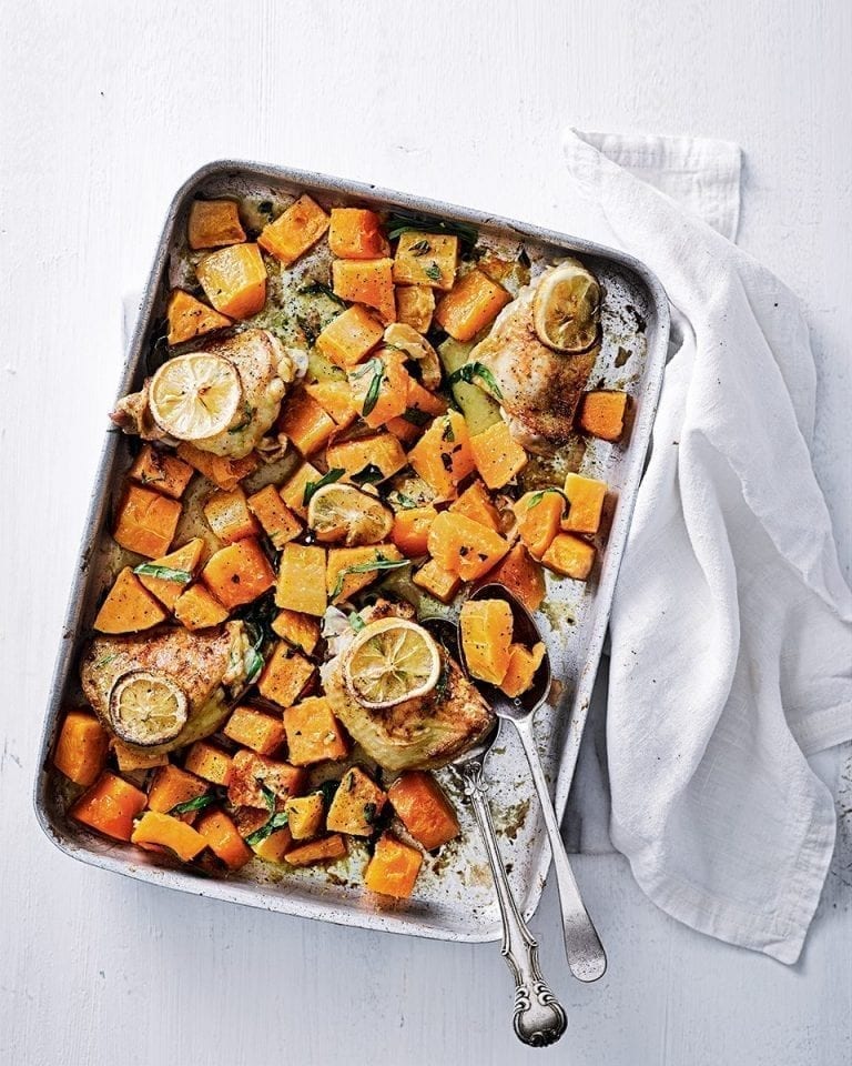 Butternut squash, chicken and tarragon traybake