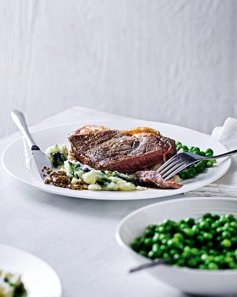 Sirloin steak with potato, kale and celeriac mash