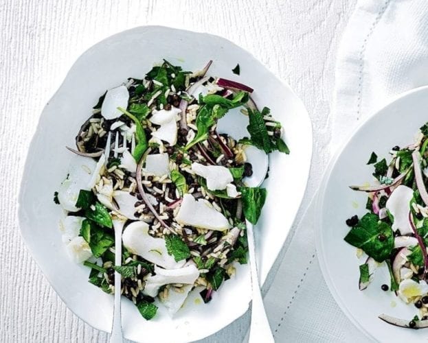 Roast cod with warm wild rice and lentil salad