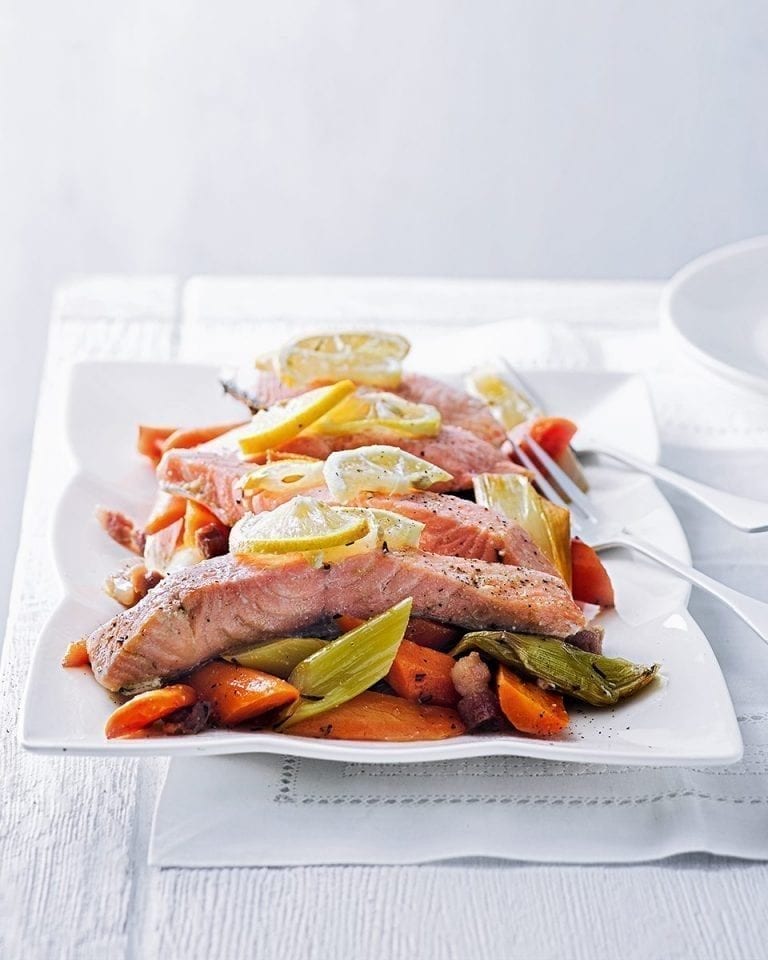 Baked lemon salmon with buttered carrots and leeks