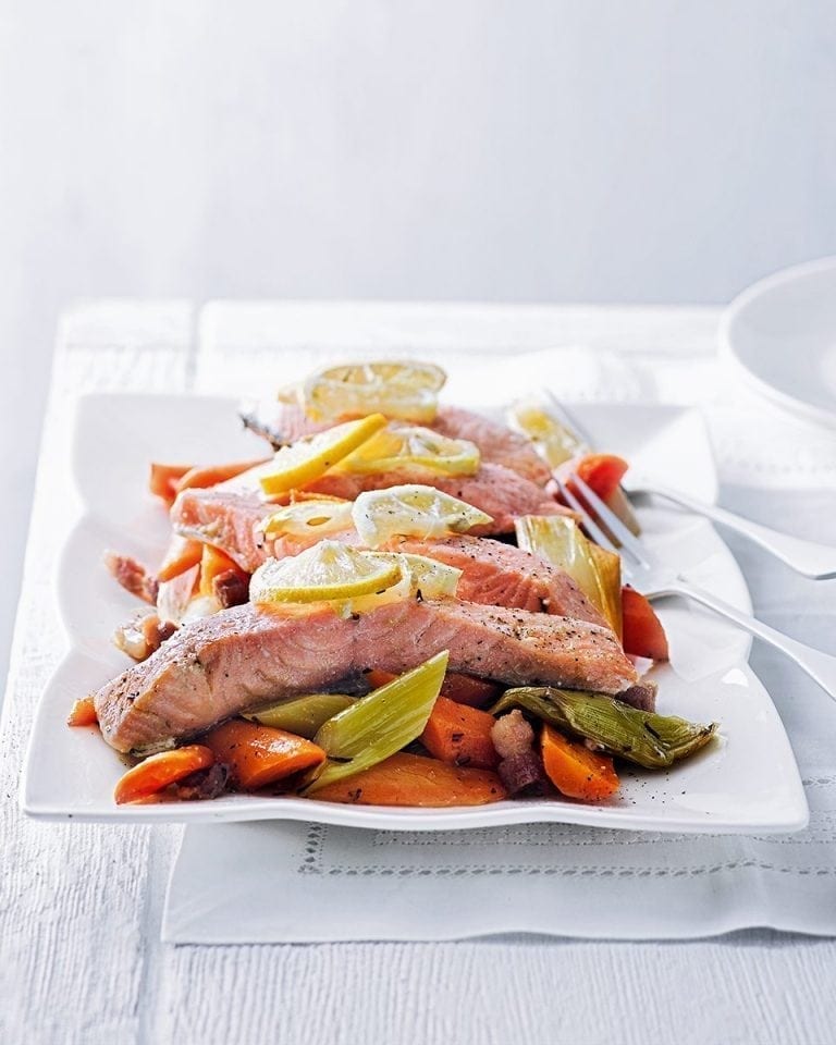 Baked lemon salmon with buttered carrots and leeks recipe