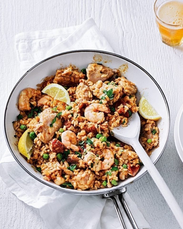 Chicken, prawn and chorizo paella