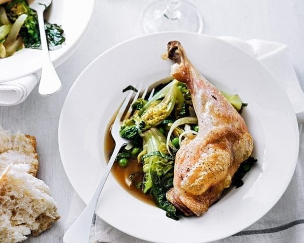 Roast chicken legs with braised little gems