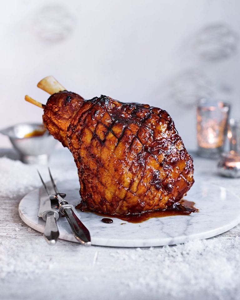 Tamarind and pomegranate caramel-glazed ham