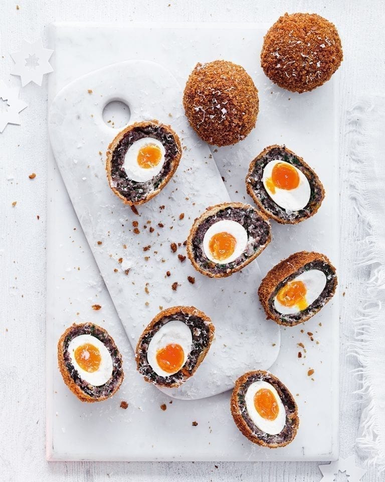 Potato and morcilla scotch eggs