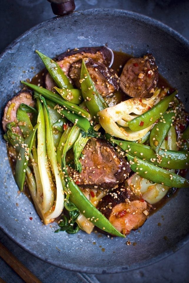 Sticky Asian pork with sesame greens