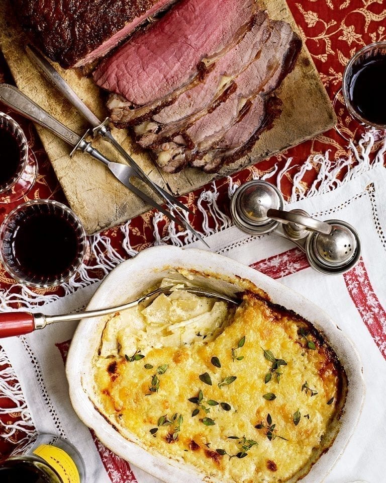 Roast beef sirloin with spiced celeriac gratin