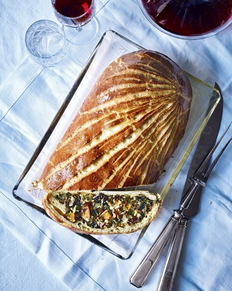 Butternut, mushroom and chestnut brioche-crust wellington