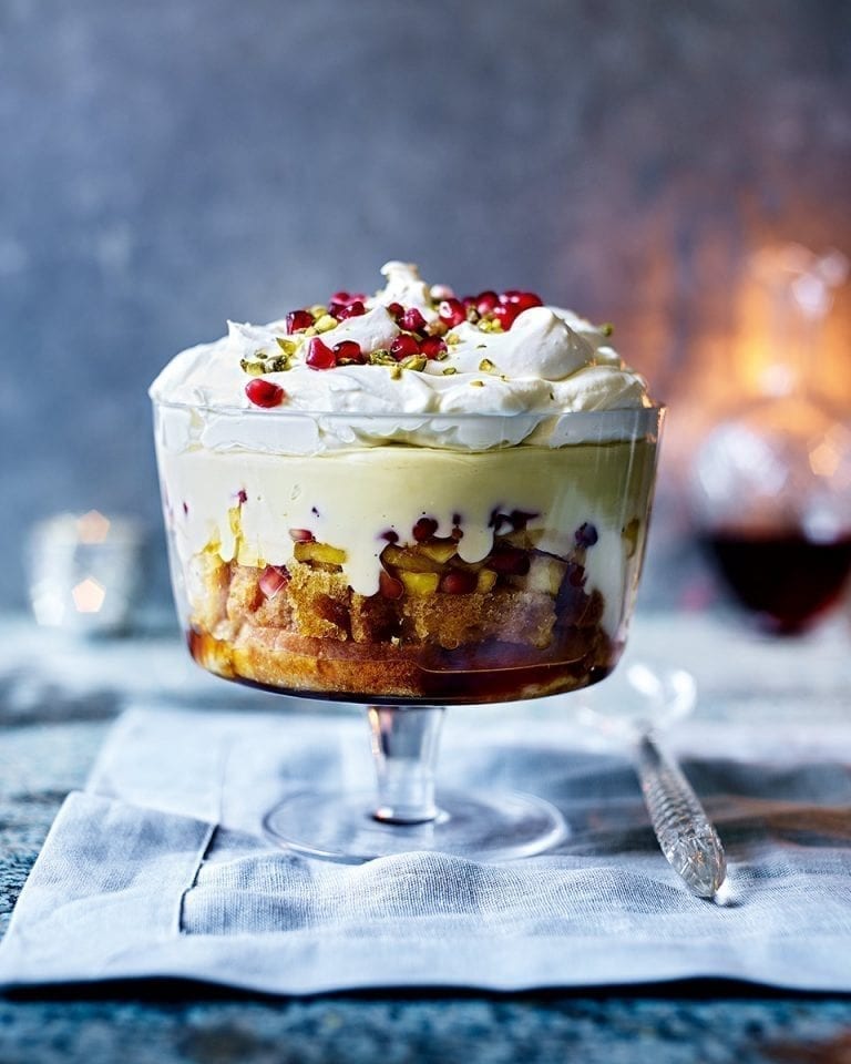 Caramelised pineapple and coconut trifle with rum syllabub