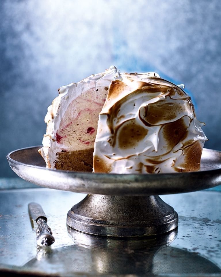 Almond sponge and raspberry ripple baked alaska