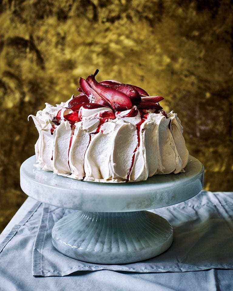 Blackberry and bay poached pear pavlova