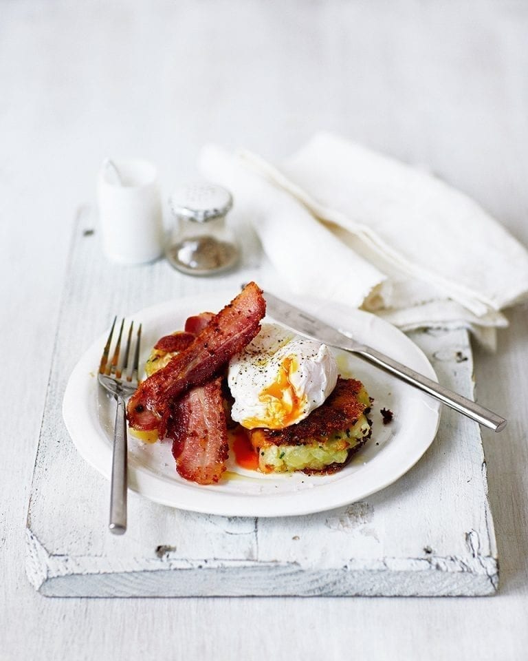 Cabbage and potato cakes with poached eggs