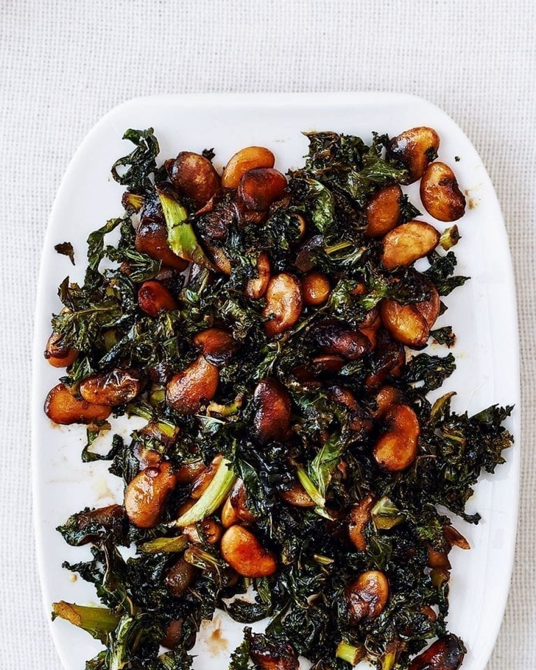 Crisp and sticky kale and butter beans with balsamic vinegar