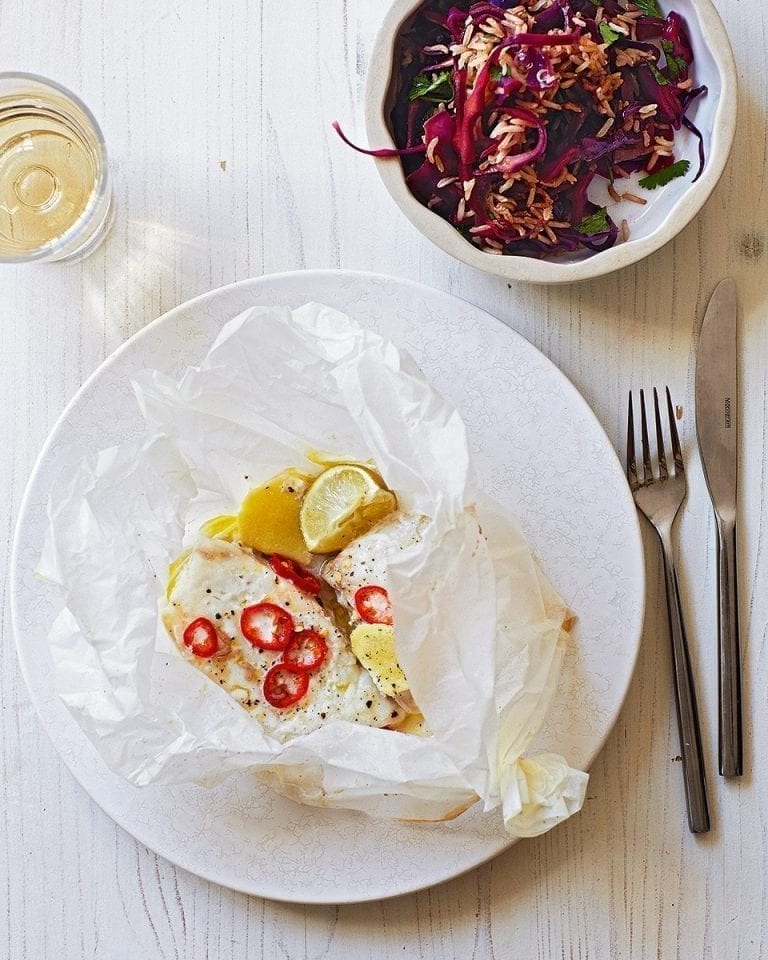Ginger, chilli and lime steamed cod with stir-fried red cabbage and coriander rice