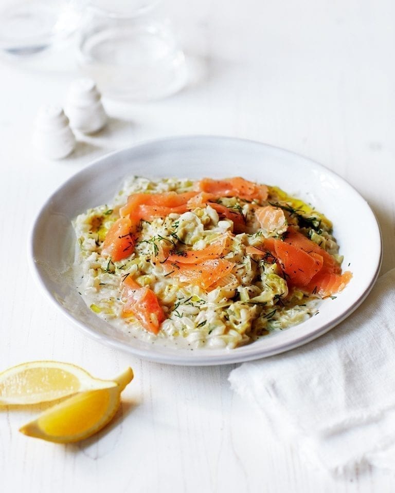 No-stir lemon, leek, smoked salmon and dill risotto