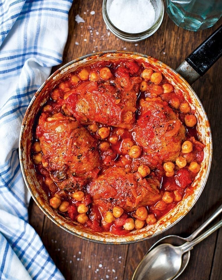 Tomato-braised chicken with chickpeas