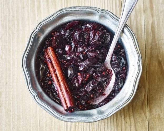Chocolate vinegar cake with sour cherry compote