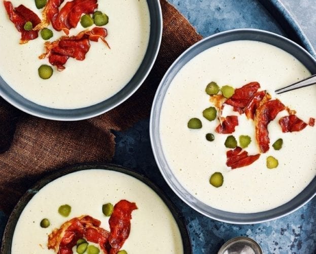 Tartiflette soup with ham crisps