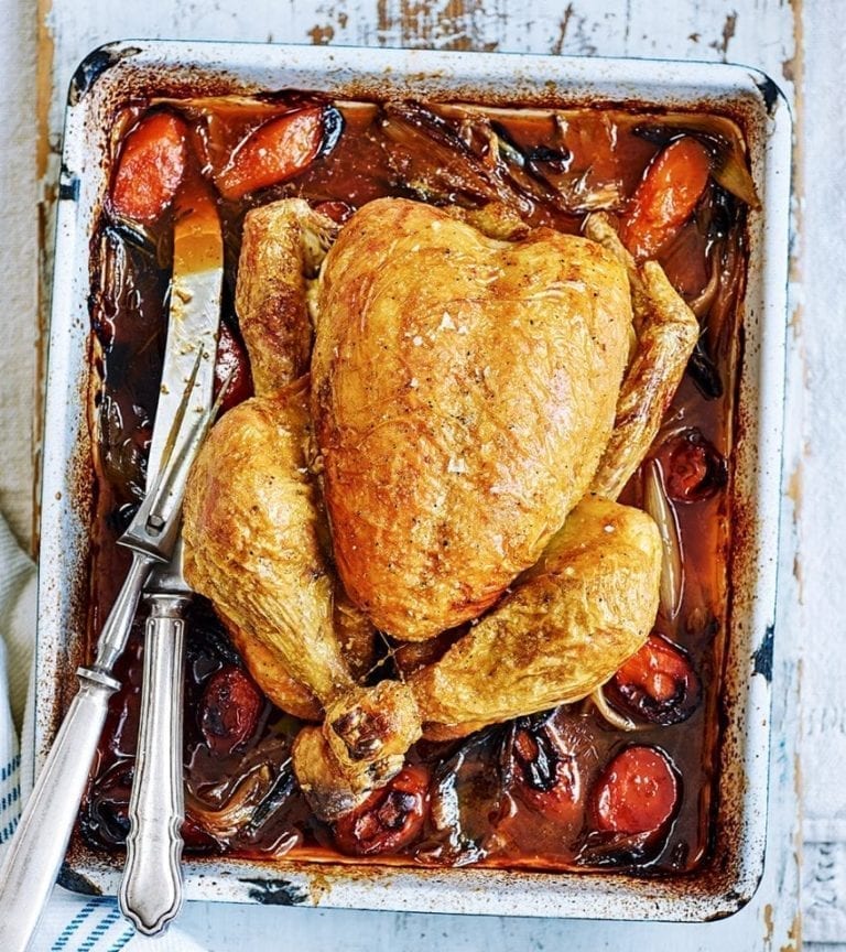 Beer and shallot roast chicken